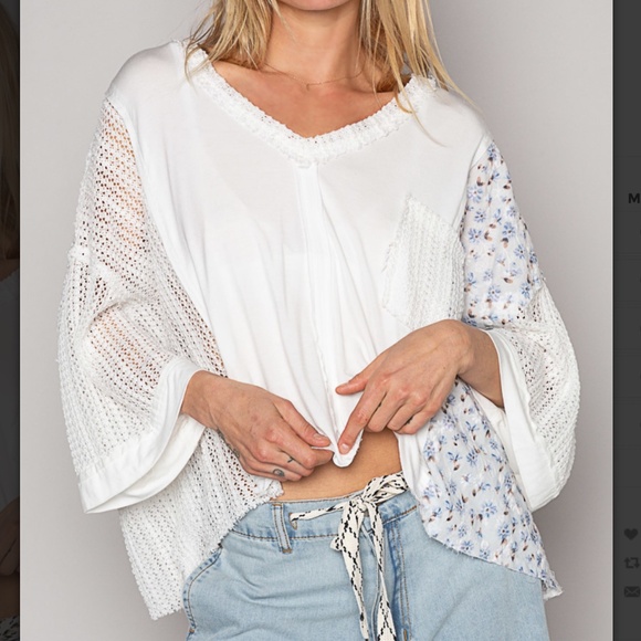 POL Tops - POL V-Neck Crochet Detail Knit Top Women’s Floral Contrast Knit Top BR28
